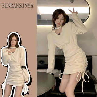 Đầm SINRANSINYA cổ chữ V phối dây rút thời trang quyến rũ dành cho nữ