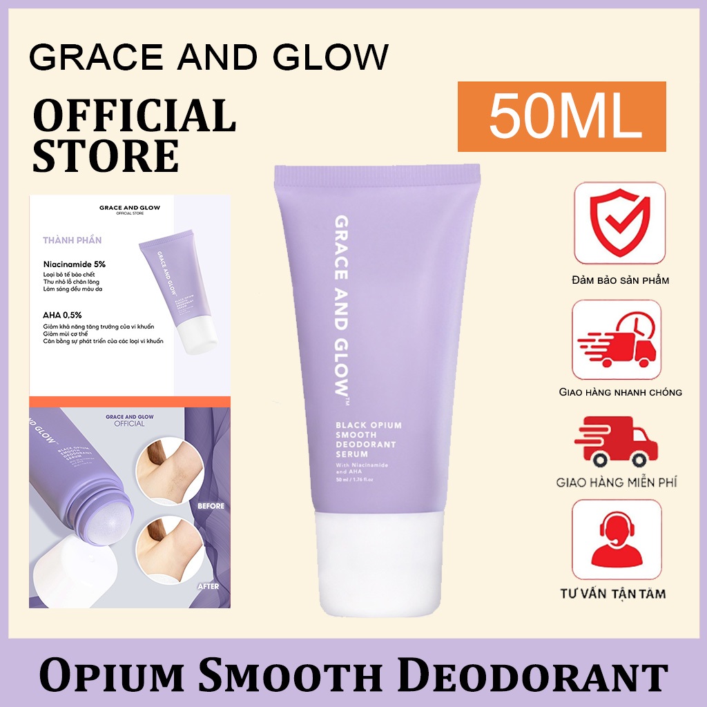 Lăn khử mùi Grace And Glow Black Opium Smooth Deodorant Serum 50ML sáng da ngăn ngừa mồ hôi với Niacinamide và AHA 5925-01 Tinh Chất Khử Mùi Hôi Làm Mịn Da Màu Đen
