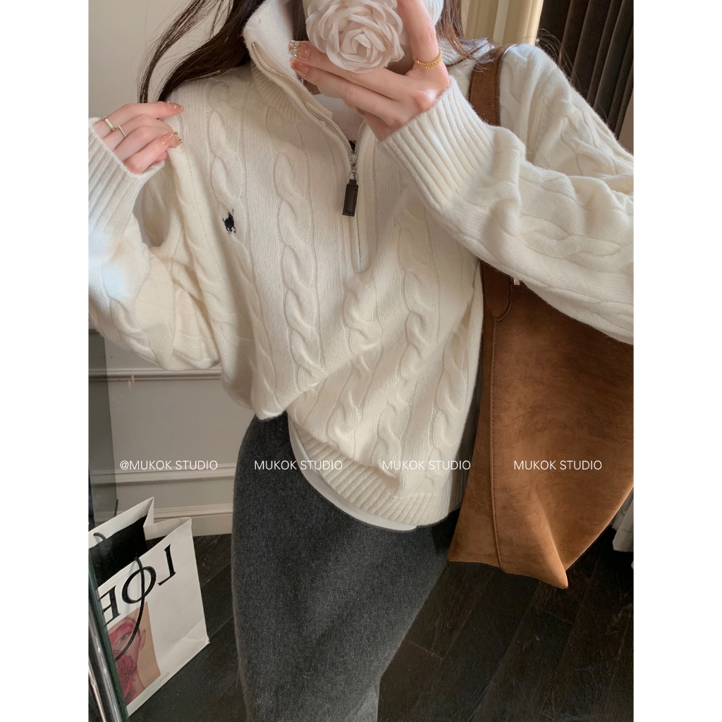 Áo sweater Dệt Kim Nhỏ Mềm Mại Chui Đầu Cổ Đứng Có Khóa Kéo Nửa Thân Thiết Kế Bột Khoai Tây Chiên Thời Trang Thu Đông