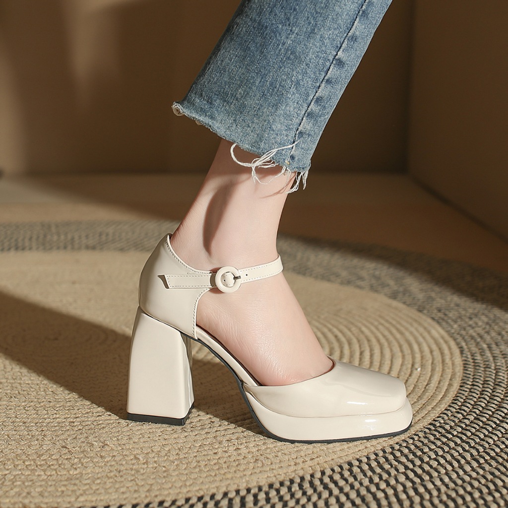 Hong Kong Premium shoes❥Giày Cao Gót Da Bóng Mũi Vuông Chống Nước Phong Cách Pháp Cho Nữ