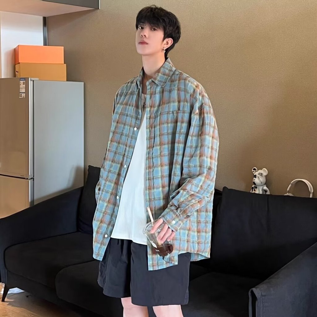 2023 Áo sơ mi nam nữ caro form rộng unisex phong cách Hàn Quốc sọc thời trang vintage áo dài tay