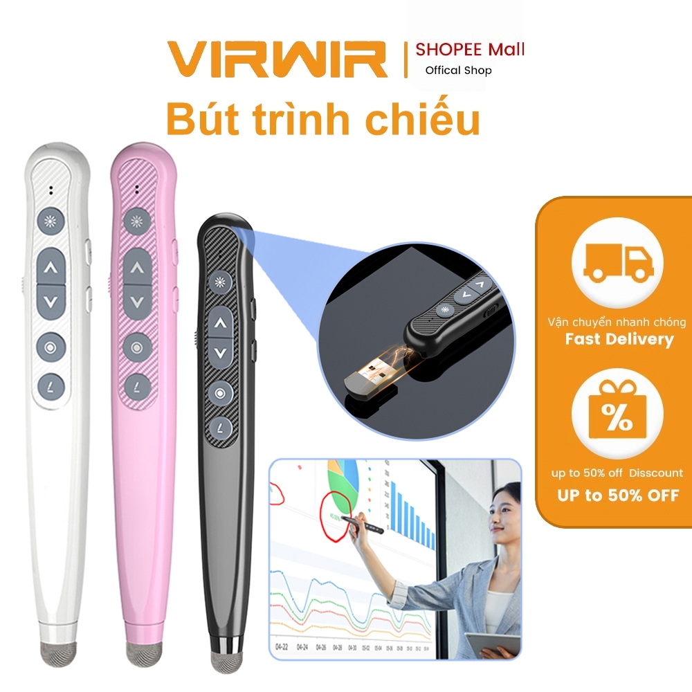 VIRWIR Bút Trình Chiếu Điều Khiển Slide PowerPoint 2 Trong 1 Có Thể Sạc Lại Kèm Bút stylus