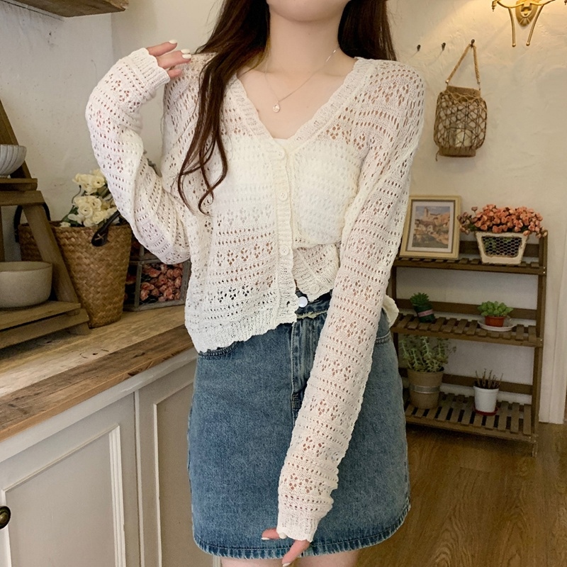 Áo cardigan Dệt Kim Tay Dài Cổ Chữ v Màu Trơn Phong Cách Hàn Quốc Thời Trang Mùa Hè Cho Nữ
