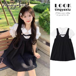 Set đồ nữ TING YA XIU gồm áo cổ búp bê và đầm yếm dáng lửng thời trang mới mùa hè ngọt ngào dễ thương Hàn Quốc