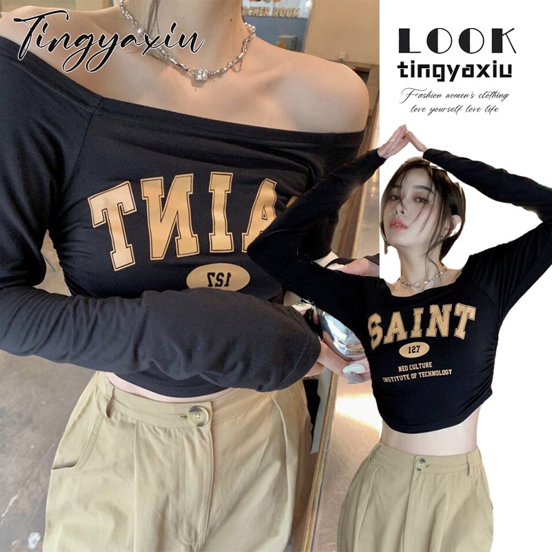 TINGYAXIU Áo Thun Mỏng Tay Dài Ôm Dáng Màu Xám Phong Cách retro Mỹ Dễ Phối Đồ Cho Nữ áo croptop