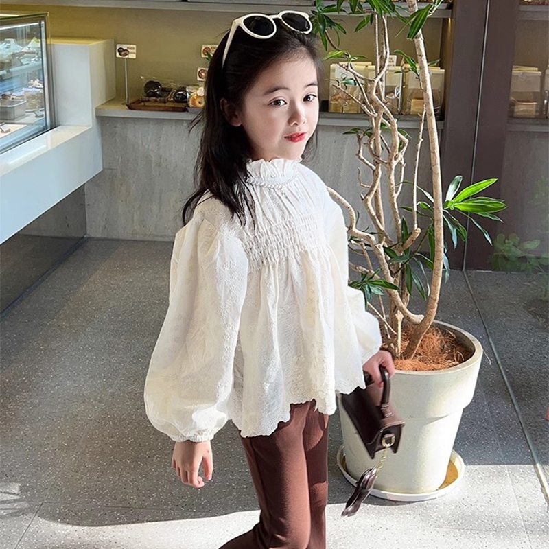 Dễ Thương Áo Kiểu Tay Dài Phối Ren Thêu Hoa Phong Cách Công Chúa Ngọt Ngào Cho Bé Gái