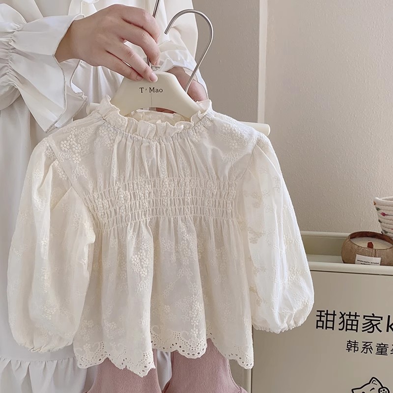 Dễ Thương Áo Kiểu Tay Dài Phối Ren Thêu Hoa Phong Cách Công Chúa Ngọt Ngào Cho Bé Gái