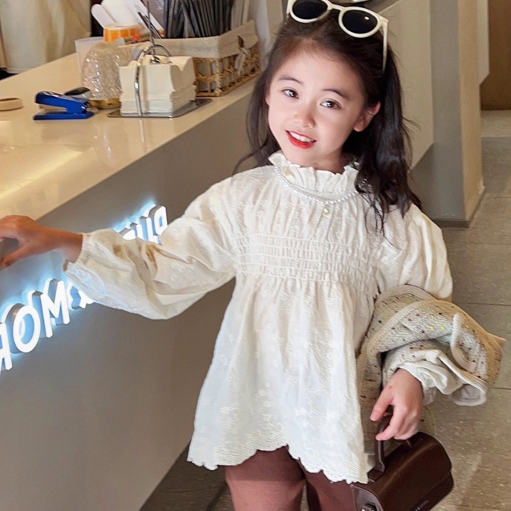 Dễ Thương Áo Kiểu Tay Dài Phối Ren Thêu Hoa Phong Cách Công Chúa Ngọt Ngào Cho Bé Gái