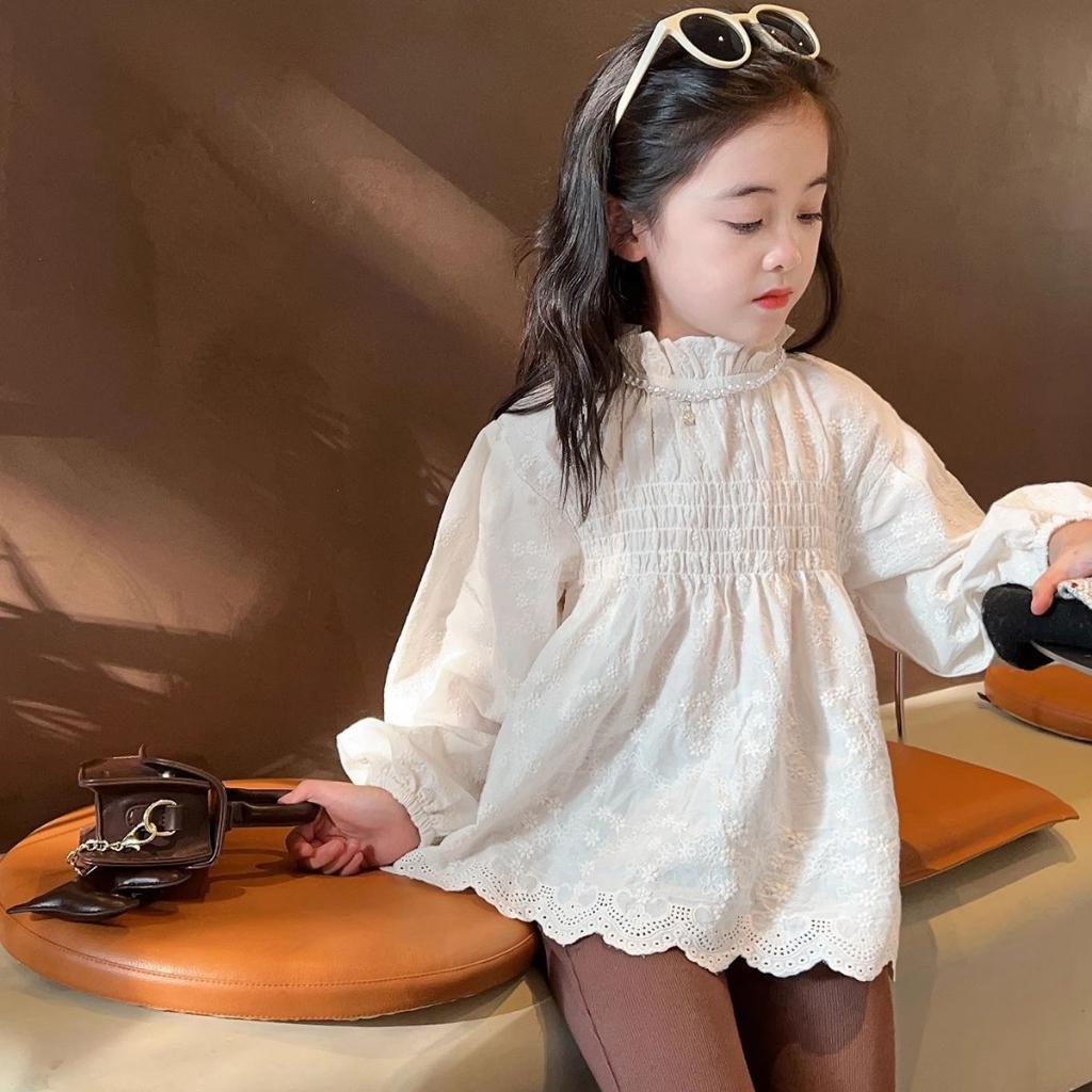 Dễ Thương Áo Kiểu Tay Dài Phối Ren Thêu Hoa Phong Cách Công Chúa Ngọt Ngào Cho Bé Gái