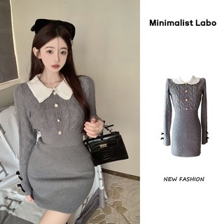 Minimalist Labo Đầm Dệt Kim Tay Dài Cổ POLO Lưng Cao Thời Trang Quyến Rũ Cho Nữ