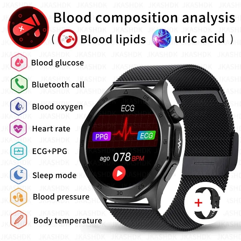 Đồng hồ thông minh cấp y tế Đường huyết Lipid Axit Uric ECG + PPG Nhiệt độ cơ thể Cuộc gọi Bluetooth Đồng hồ thông minh sức khỏe 2024 Mới