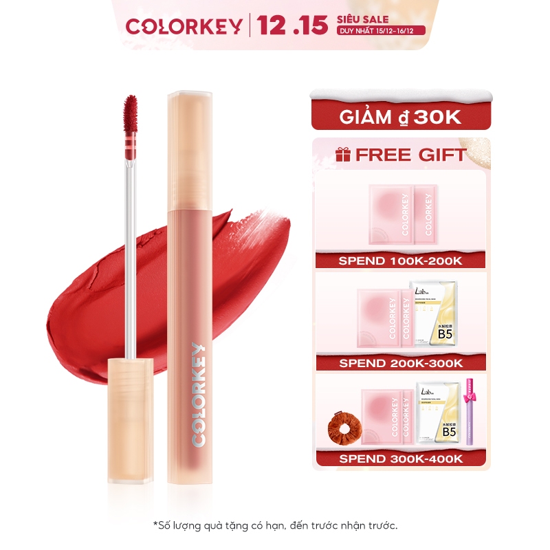 COLORKEY Watery Matte Lip Tint, Son Watertint, chất son tint bóng nước sau 40 giây lớp tint bóng sẽ trở thành lớp nhung mờ lì không trôi, 1 cây son 1.8g