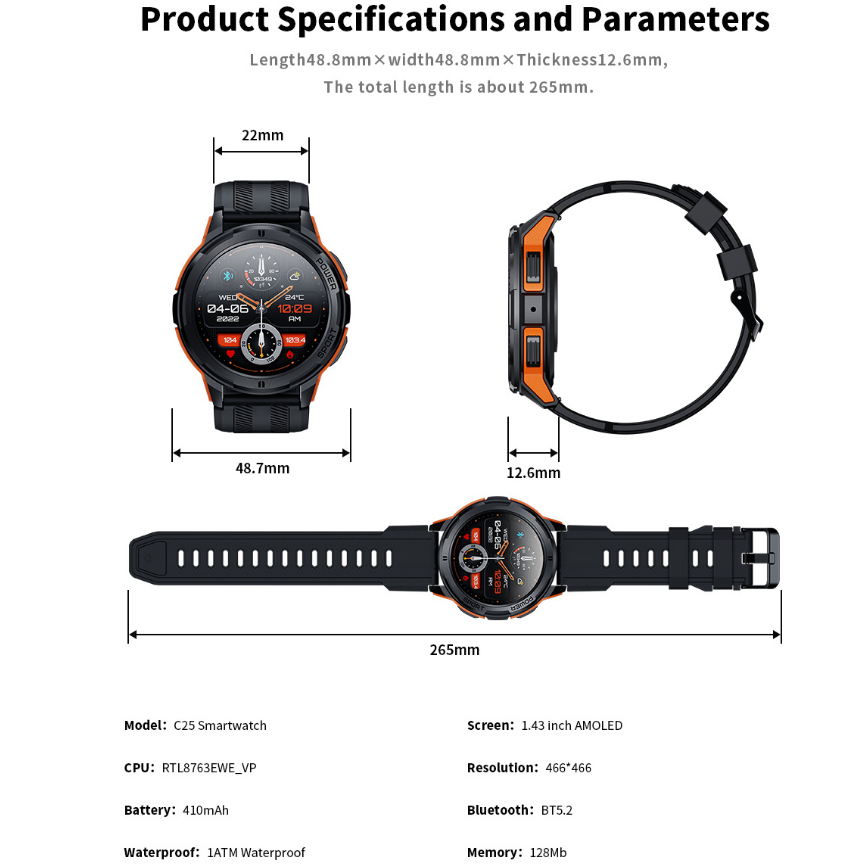 Skmei Đồng Hồ Thông Minh c25 Màn Hình hd 466 * 466 Theo Dõi Nhịp Tim Chống Thấm Nước