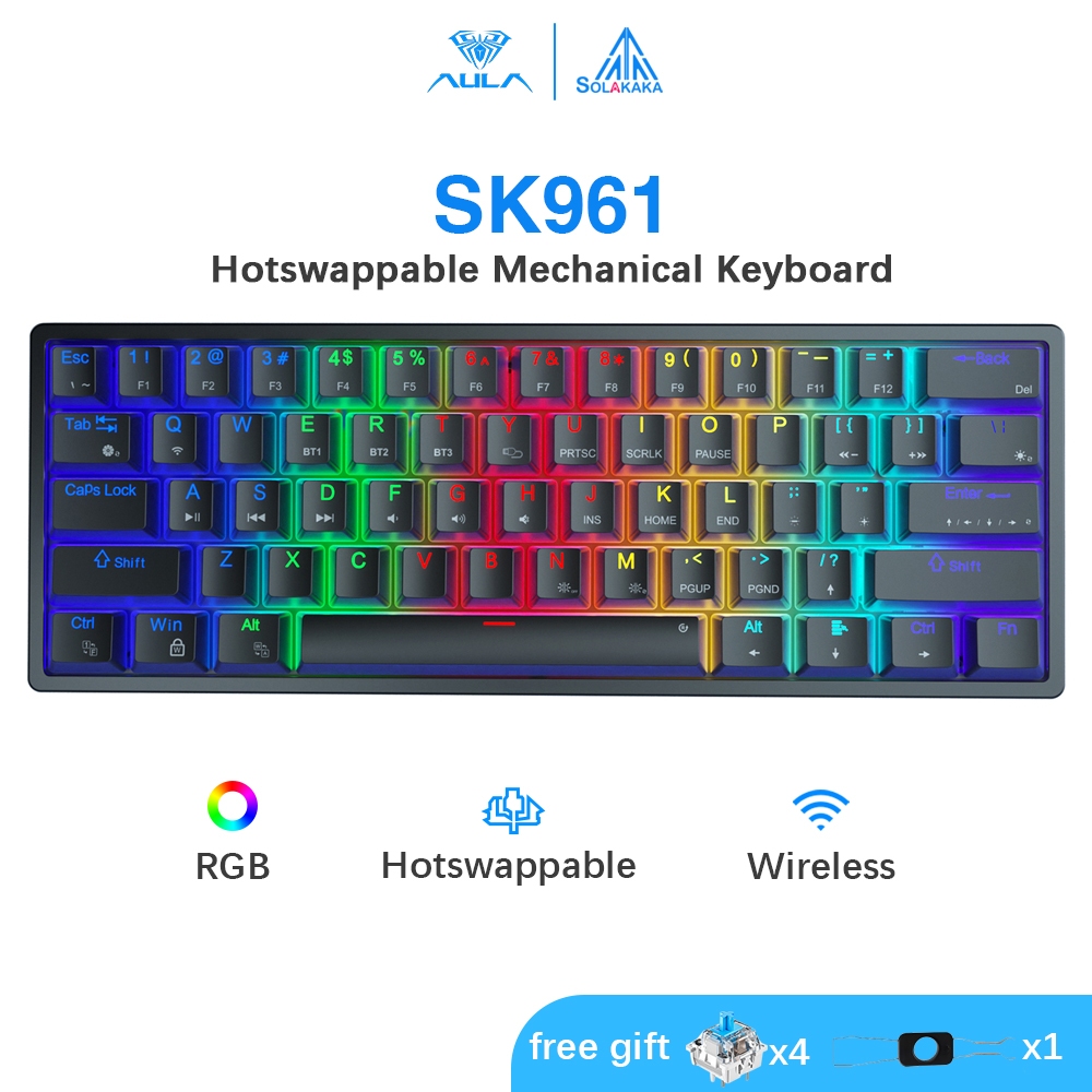 Bàn phím cơ khí AULA Solakaka SK961 Bluetooth 5.0/2.4G/có dây 61 phím Bàn phím có dây RGB, hỗ trợ trình điều khiển