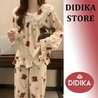 DIDIKA Bộ Đồ Ngủ Lông Cừu San Hô Dày Dặn Phối Ren Thời Trang Thu Đông Cho Nữ