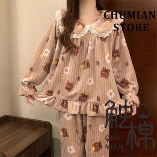 Bộ Đồ Ngủ Lông Cừu San Hô Dày Dặn Phối Ren Thời Trang Thu Đông Cho Nữ