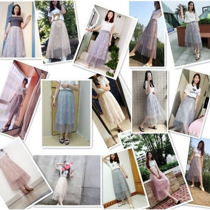 Chân Váy Midi Lưng Cao Phối Lưới Thêu Họa Tiết Mới Cho Nữ