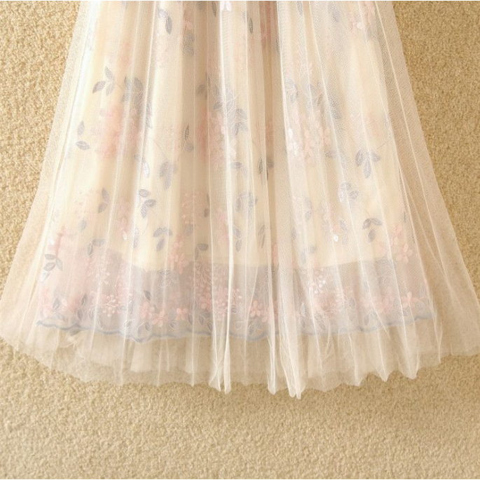 Chân Váy Midi Lưng Cao Phối Lưới Thêu Họa Tiết Mới Cho Nữ