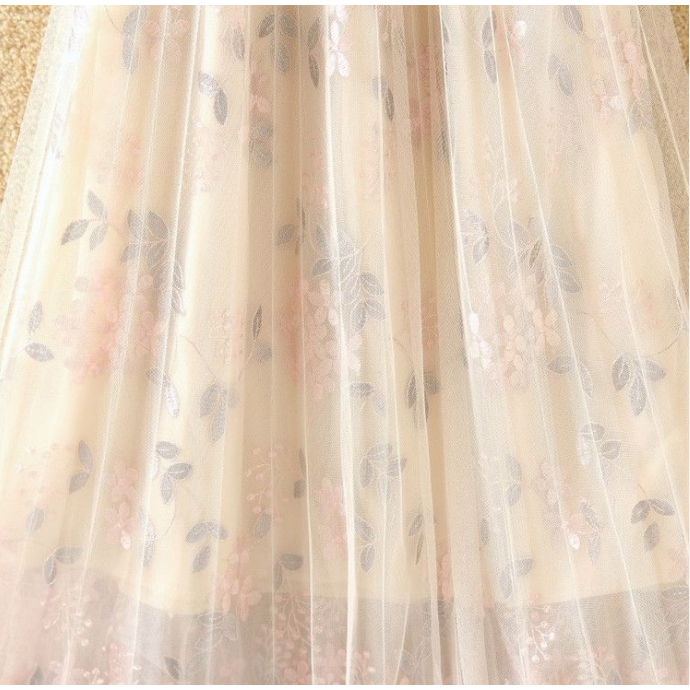 Chân Váy Midi Lưng Cao Phối Lưới Thêu Họa Tiết Mới Cho Nữ