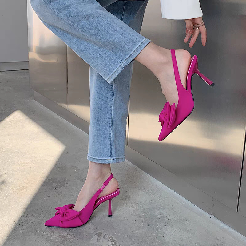 YAOLI  ZA Giày cao gót mũi nhọn đính nơ phong cách Pháp xinh xắn thời trang