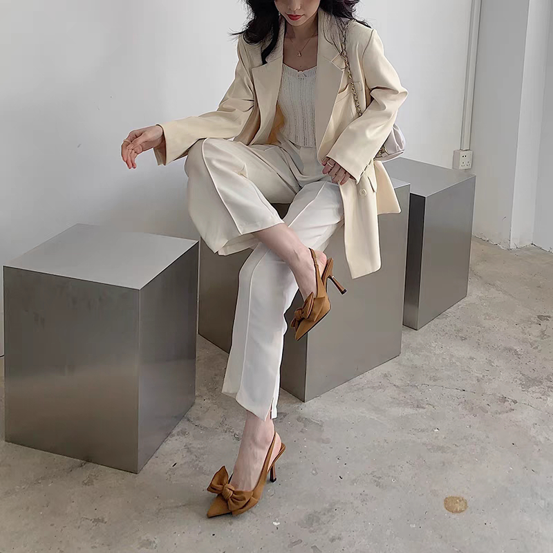 YAOLI  ZA Giày cao gót mũi nhọn đính nơ phong cách Pháp xinh xắn thời trang