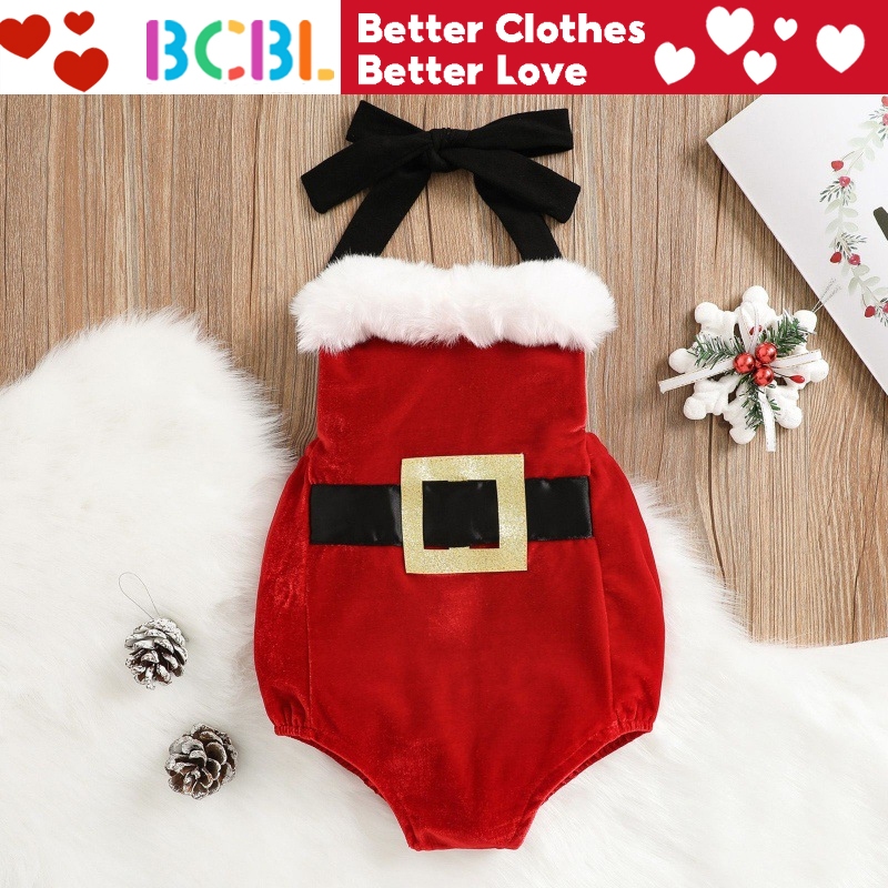 Bộ đồ 3 món BCBL gồm áo liền quần + chân váy tutu + băng đô nơ phong cách giáng sinh cho bé gái