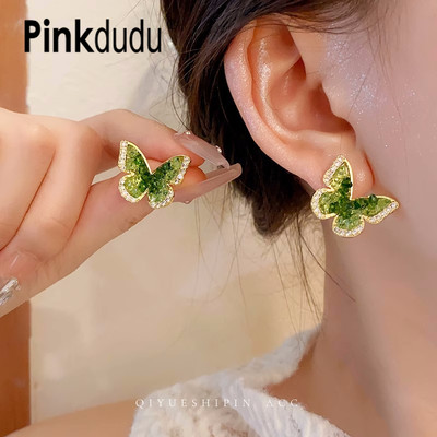 Pinkdudu Màu xanh lá cây Pha lê Bướm Stud Bông tai Tính cách Thanh lịch Hợp thời trang Hoa tai Hợp kim Món quà Trang sức cho Phụ nữ PD1794