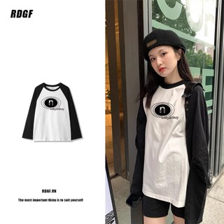 RDGF oversize thời trang màu đen và trắng áo liền vai nữ 100% cotton Hàn Quốc dài tay áo T-shirt