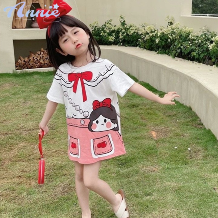 Annie Đầm Thun Dáng Dài In Họa Tiết Hoạt Hình Dễ Thương Cho Bé Gái