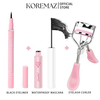 Bộ 3 MẮT Trang Điểm 2 Trong 1 Mascara Chống Thấm Nước Máy Uốn Mi Bút Kẻ Mắt Màu Đen Máy Uốn Mi Có Lược KOREMAZ