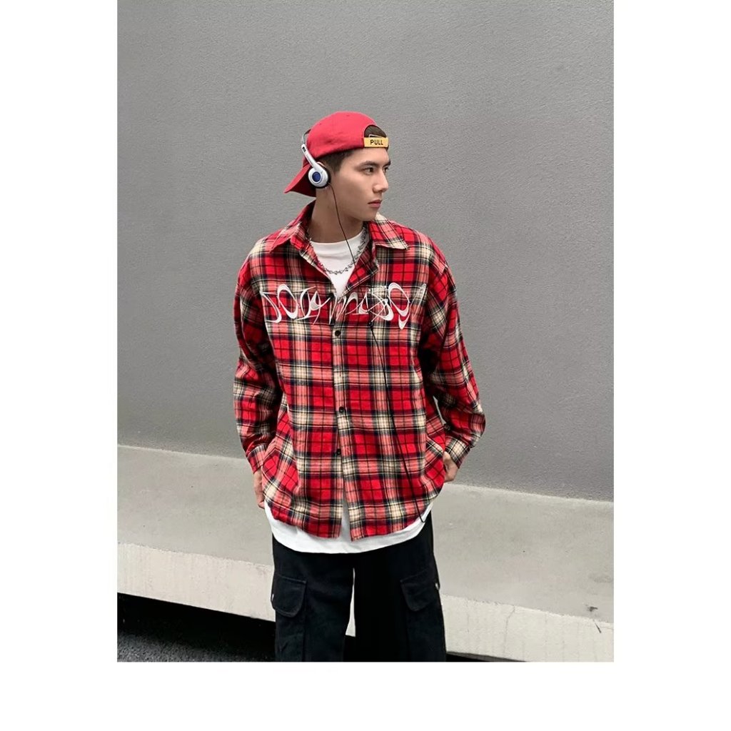 Sinransinya Áo Sơ Mi Nam Dài Tay Họa Tiết Ca Rô Đỏ Thời Trang