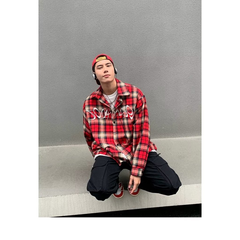 Sinransinya Áo Sơ Mi Nam Dài Tay Họa Tiết Ca Rô Đỏ Thời Trang