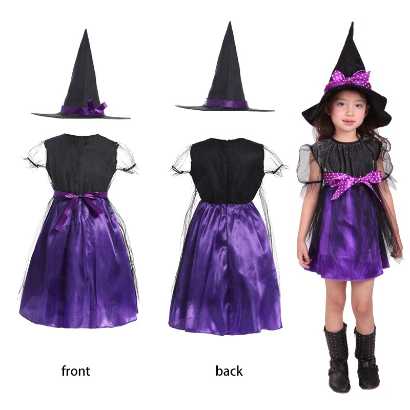 Bộ Đầm Hóa Trang Phù Thủy Màu Tím Kèm Nón Phù Thủy Dành Cho Bé Gái 2-9 Tuổi