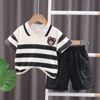 Set đồ mùa hè 2 món gồm áo thun cotton sọc + quần ngắn hình gấu cho bé sơ sinh 0-5 tuổi