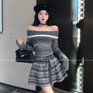 Đầm Dệt Kim Tay Dài Cổ Hẹp Ôm Dáng Họa Tiết Kẻ Sọc Màu Xám Phong Cách Pháp Cổ Điển Thời Trang Cho Nữ