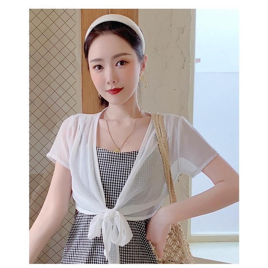 Hàn Quốc Shrugs Bolero Cardigan Tay Ngắn Ren Voan, Mở Phía Trước, Phù Hợp Mặc Với Váy
