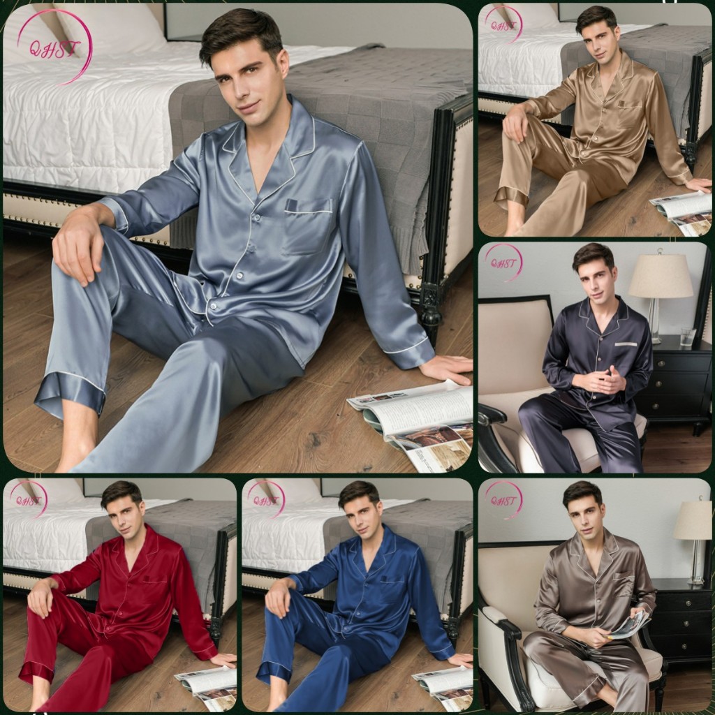 Bộ Đồ Ngủ Lụa Satin Mềm Mại Màu Xanh Dương Trơn Dài Tay Cho Nam