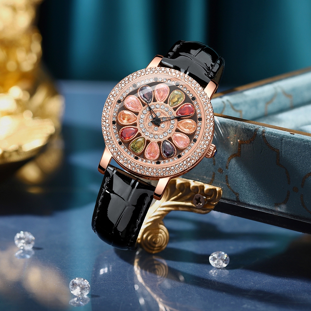 Đồng Hồ quartz chenxi Mạ Vàng Hồng Đính Đá Với Dây Đeo Da 2024