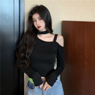 NZN Áo thun dài tay ngắn lệch vai màu đen gợi cảm mùa xuân gợi cảm dành cho nữ