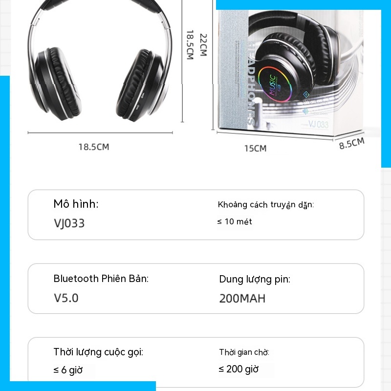 Tai Nghe bluetooth 5.0 vj033 Có Đèn led Nhiều Màu