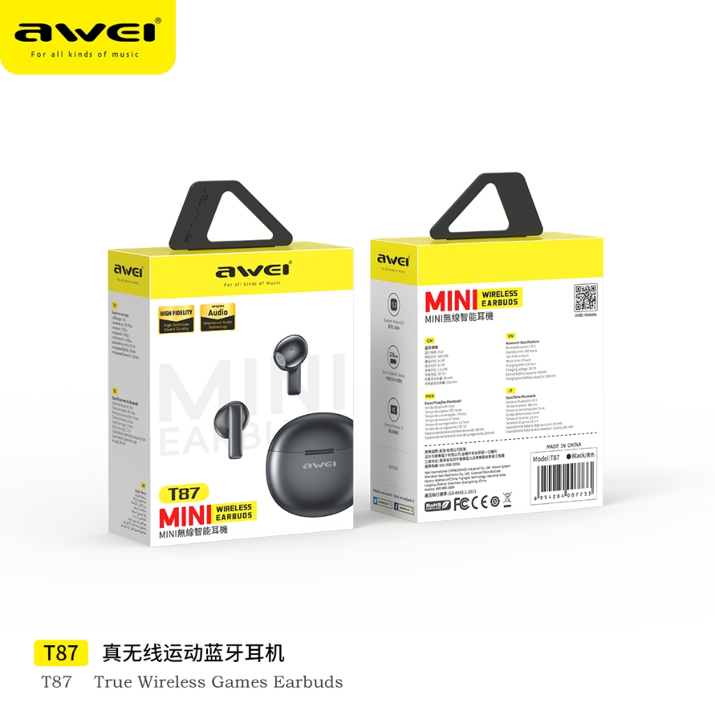 Awei T87 Bluetooth Tai Nghe Nhét Tai Không Dây ENC Gọi Loại Bỏ Tiếng Ồn Tai Nghe Nhét Tai 0.06S Độ Trễ Thấp Tai Nghe Chơi Game Mini