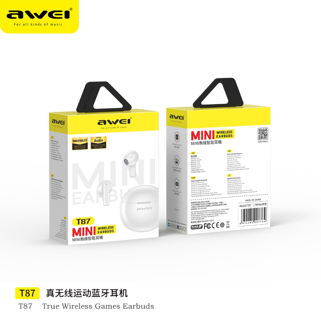 Awei T87 Bluetooth Tai Nghe Nhét Tai Không Dây ENC Gọi Loại Bỏ Tiếng Ồn Tai Nghe Nhét Tai 0.06S Độ Trễ Thấp Tai Nghe Chơi Game Mini