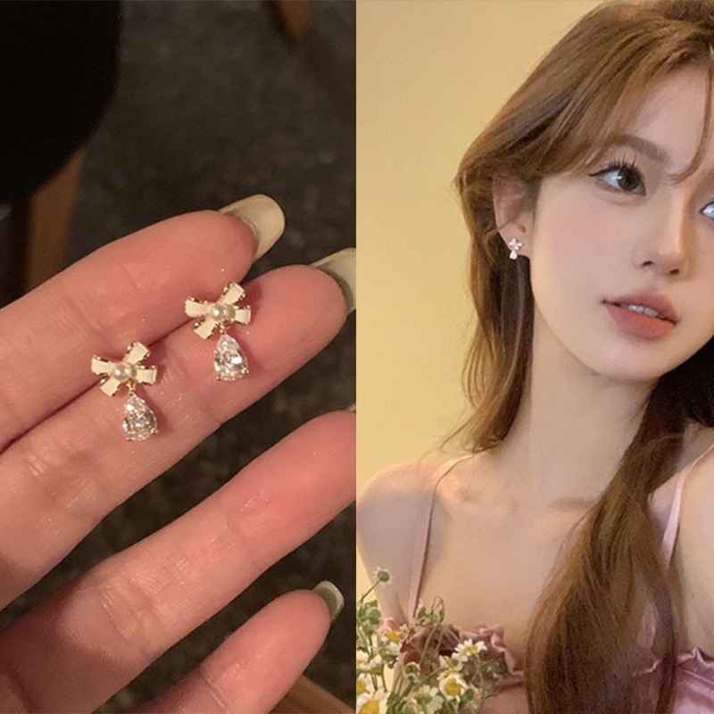 Bông Tai Hình Nơ Đính Ngọc Trai Zircon Màu Vàng Dễ Thương Phong Cách Hàn Quốc Cho Nữ