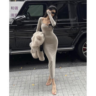 Siêu Hình ~ Châu Âu Mỹ Hai Mặt Chải Cổ Vuông Ngực Rỗng Dài Tay Đầm Thu Đông Slim-Fit Ôm Hơn Nhìn Chặt-Covered Hông Váy Dài Đáy S