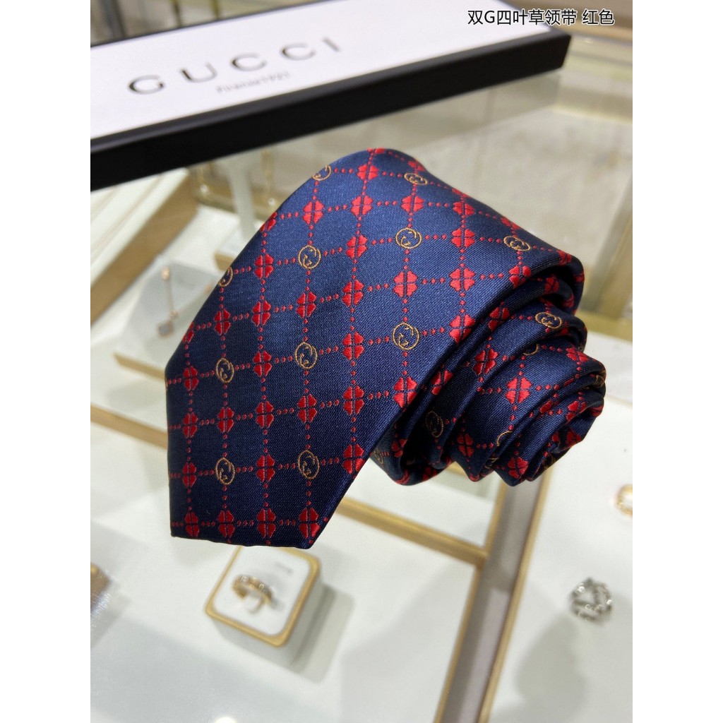 Da1214 gucci * Cà Vạt Lụa Đỏ In Cỏ Bốn Lá
