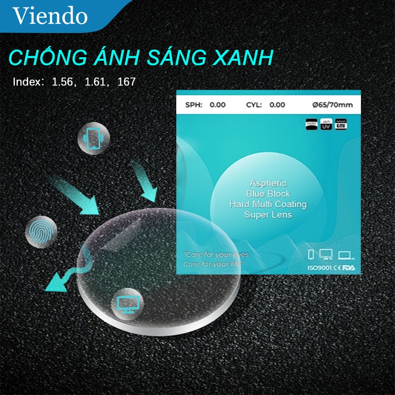 Tròng Kính Cận Loạn Có Độ VIENDO Chống Ánh Sáng Xanh Tia UV400 Index 1.56/1.61/1.67/1.74 (Cắt Tròng 
