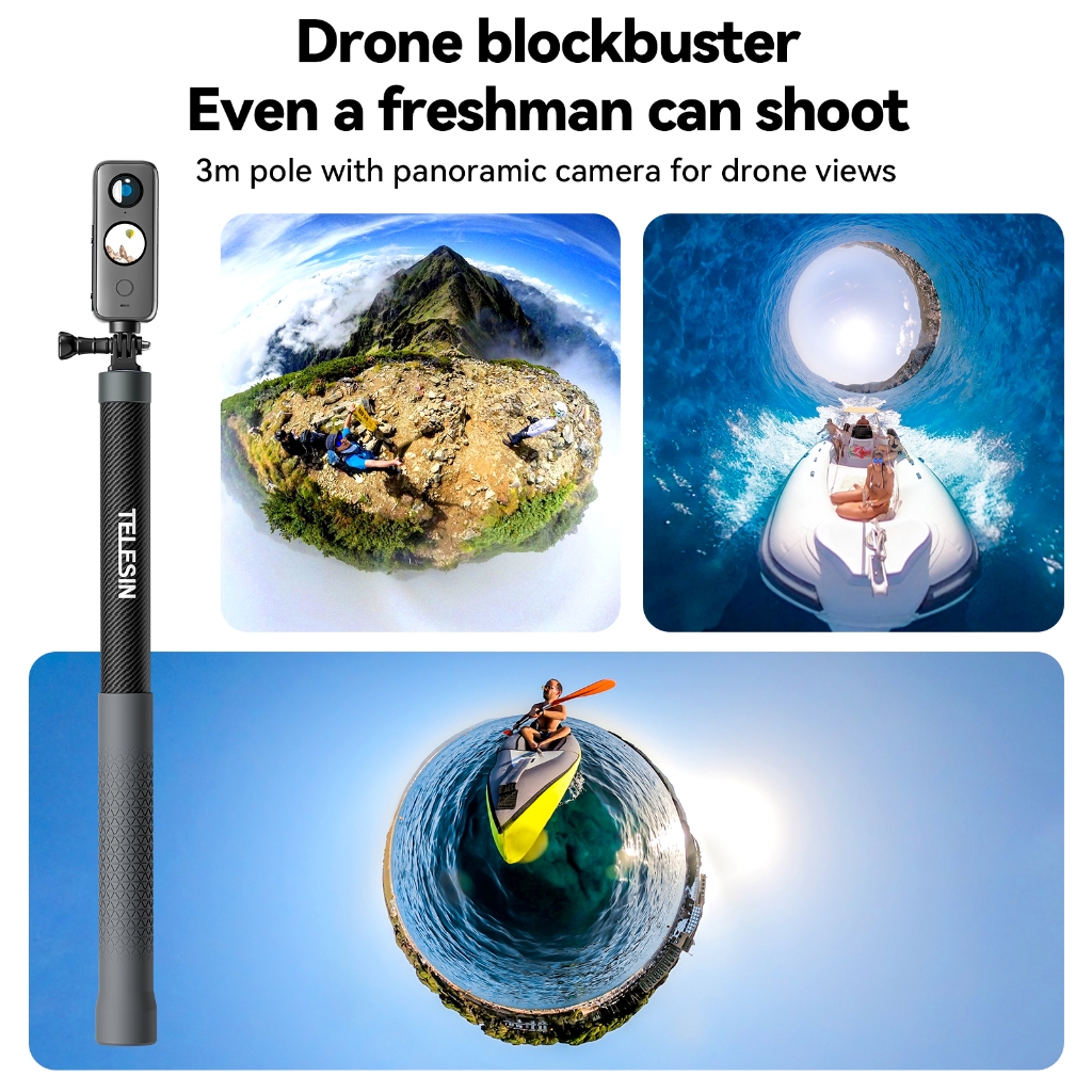 Telesin 0.9M 3M Sợi Carbon Selfie Stick Cho GoPro Hero 12 11 10 9 8 7 6 5 Đen DJI OSMO Camera Hành Động Monopod Phụ Kiện