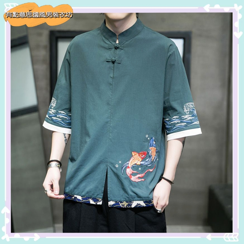 thời trang nam mùa hè Áo Sơ Mi cotton Lanh Ngắn Tay Cổ Đứng Thoáng Khí Thêu Họa Tiết Phong Cách Trung Hoa Cho Nam