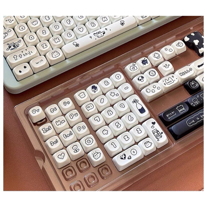 141 Phím Bò đen trắng Keycaps MOA Chiều cao Keycap PBT Chất liệu Thăng hoa nhiệt cá nhân tùy chỉnh cơ khí Keycaps Áp dụng 61/64/68/71/84/87/96/98/100/104/108