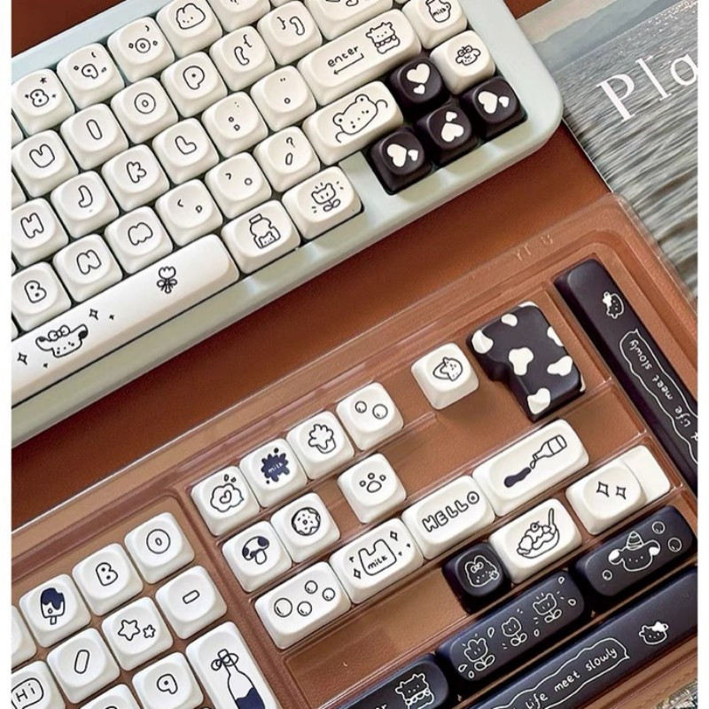 141 Phím Bò đen trắng Keycaps MOA Chiều cao Keycap PBT Chất liệu Thăng hoa nhiệt cá nhân tùy chỉnh cơ khí Keycaps Áp dụng 61/64/68/71/84/87/96/98/100/104/108